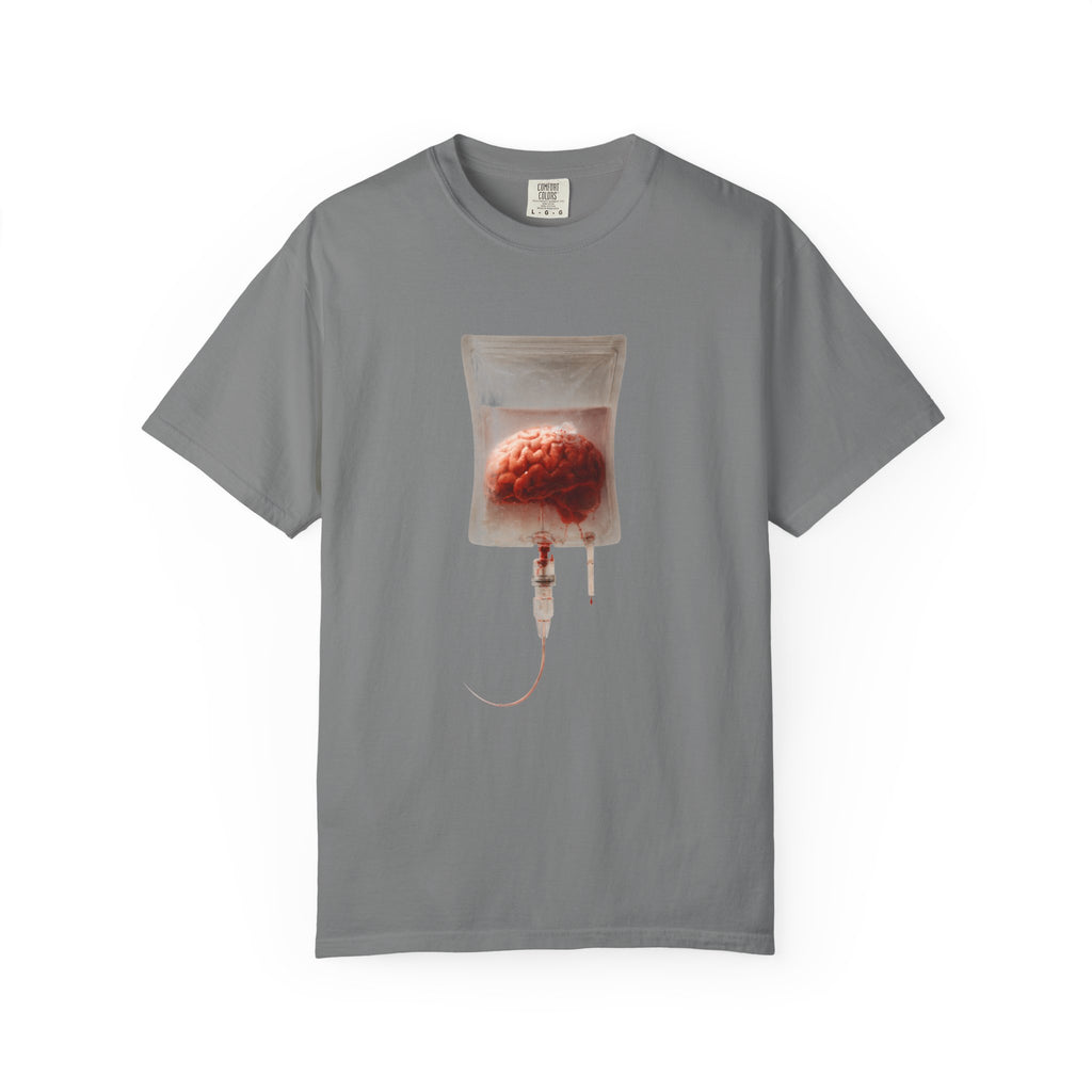 A grey t-shirt featuring a surreal graphic of a human brain inside an IV drip bag