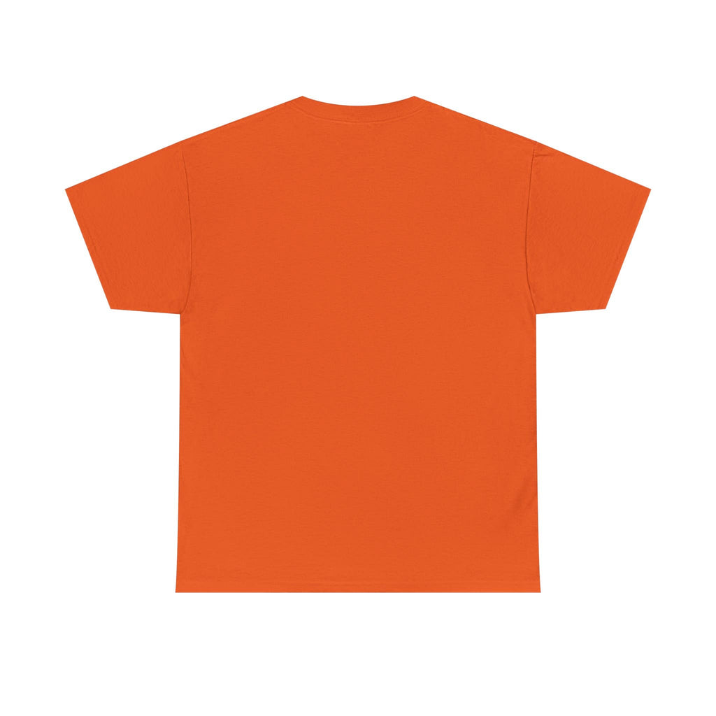 A bright orange short-sleeve t-shirt shown from the back, laid flat against a solid white background.