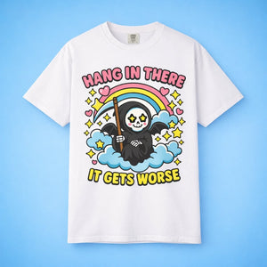 Funny motivational poster style t-shirt design on blue background. Cute grim reaper hang in there meme.
