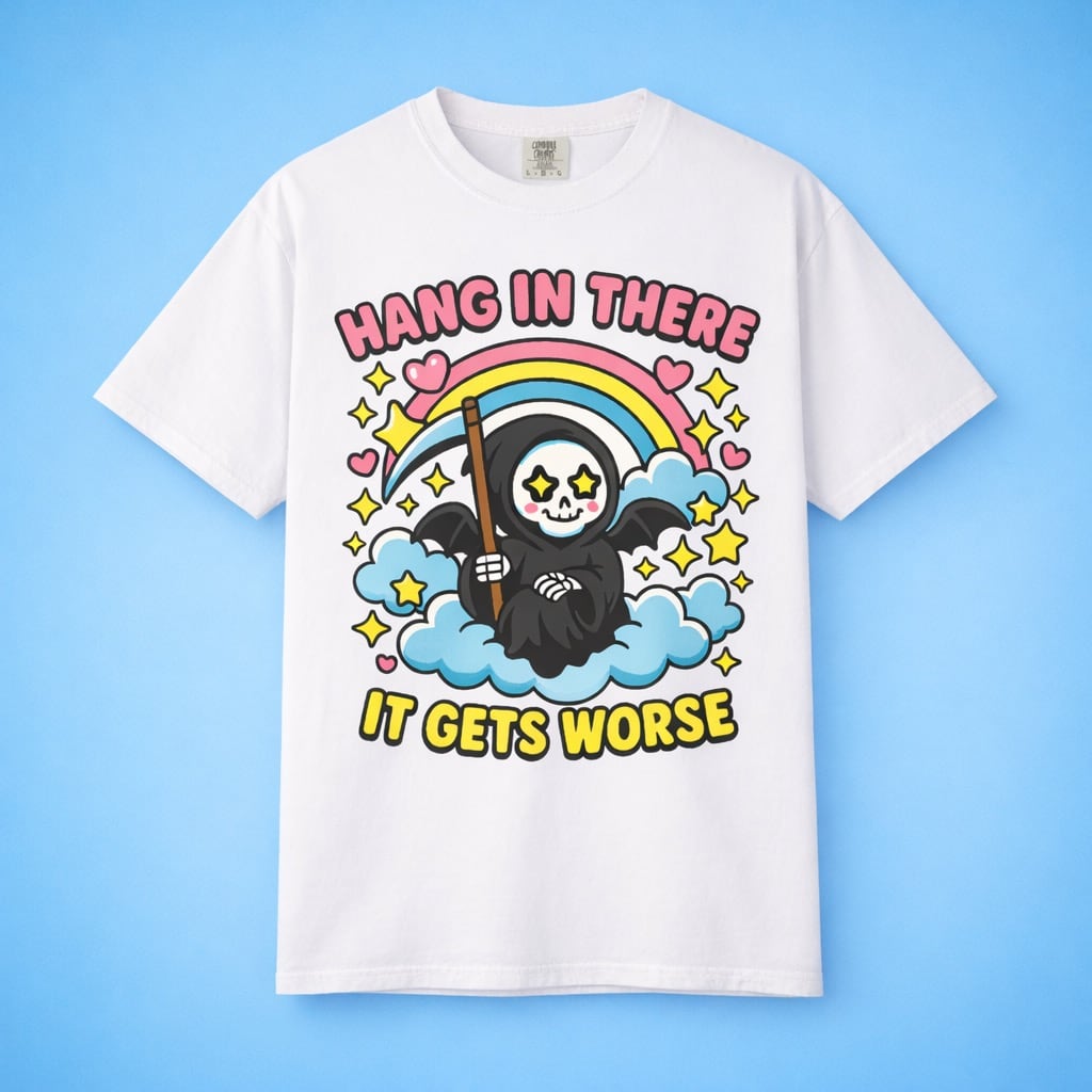 Funny motivational poster style t-shirt design on blue background. Cute grim reaper hang in there meme.