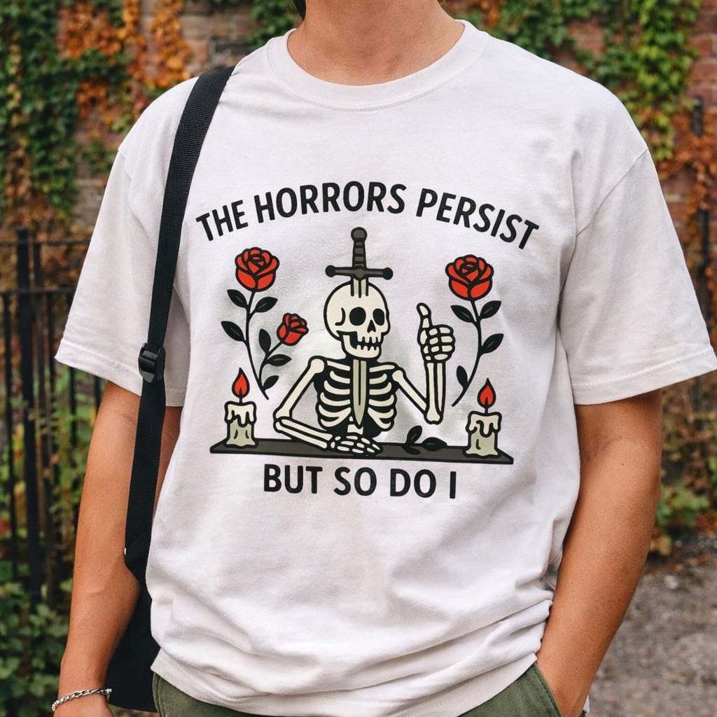 Model wearing a white "The Horrors Persist But So Do I" t-shirt in an urban setting.
