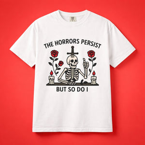 High contrast product shot of the white skeleton meme shirt on a red background.