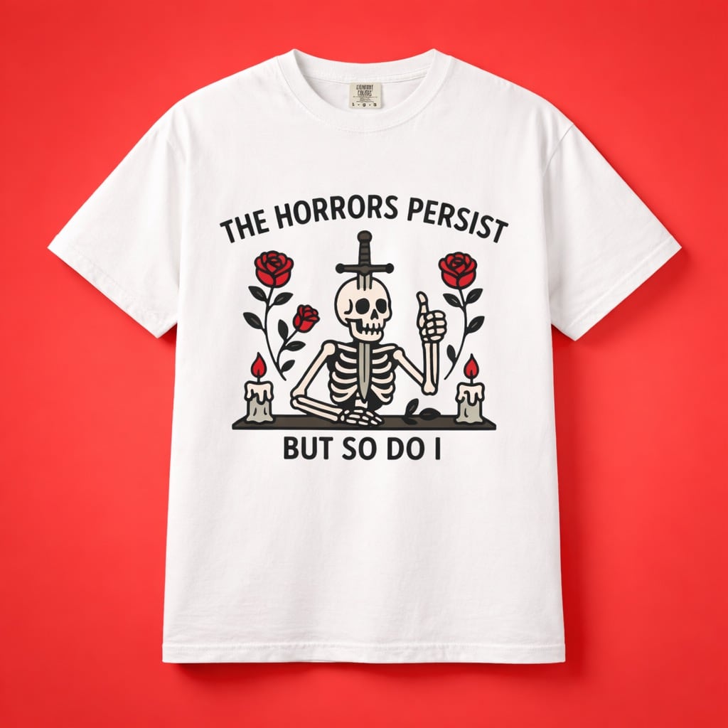 High contrast product shot of the white skeleton meme shirt on a red background.