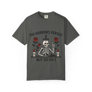 Dark grey pepper colored t-shirt with existential dread meme design.