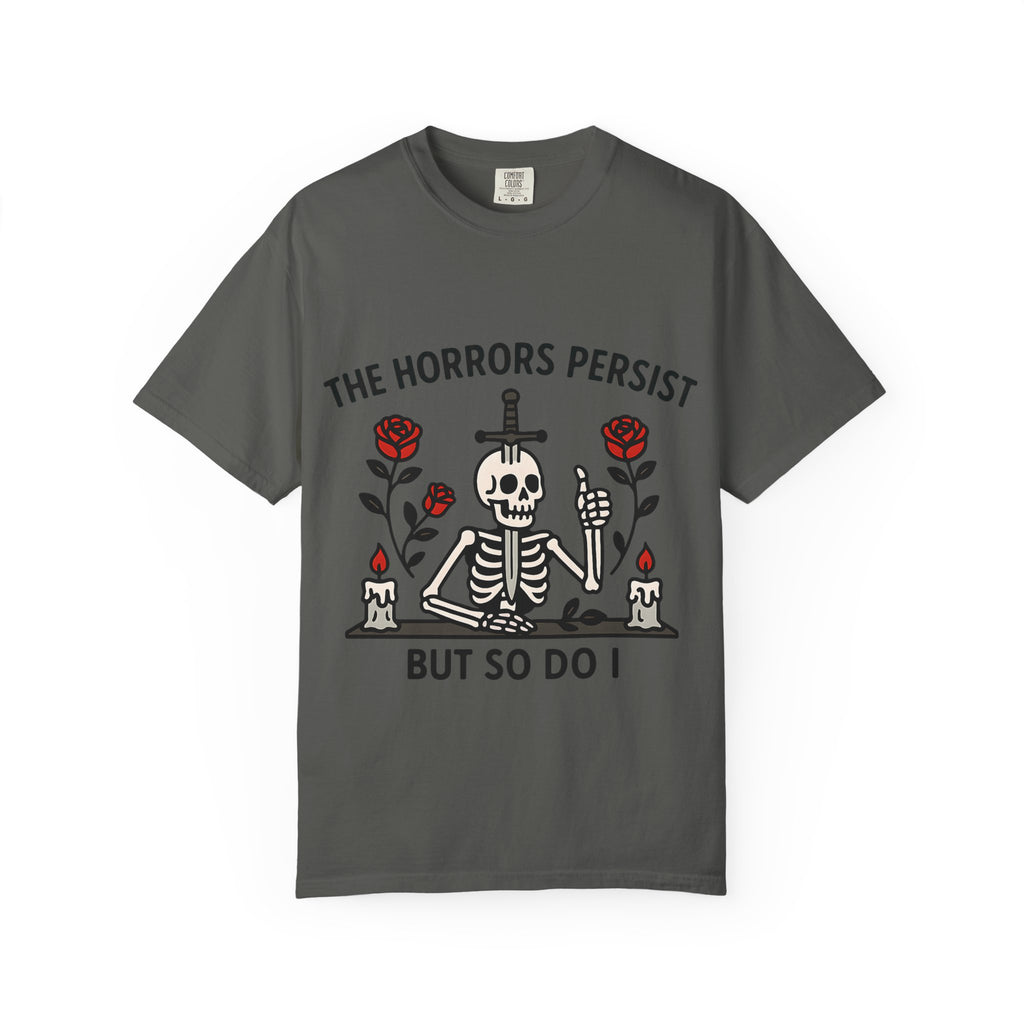 Dark grey pepper colored t-shirt with existential dread meme design.