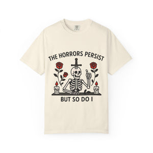 Cream colored vintage wash t-shirt with funny nihilistic text design.