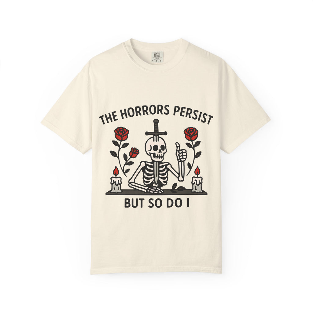 Cream colored vintage wash t-shirt with funny nihilistic text design.