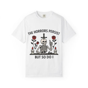 White heavyweight cotton t-shirt with red roses and skeleton illustration.