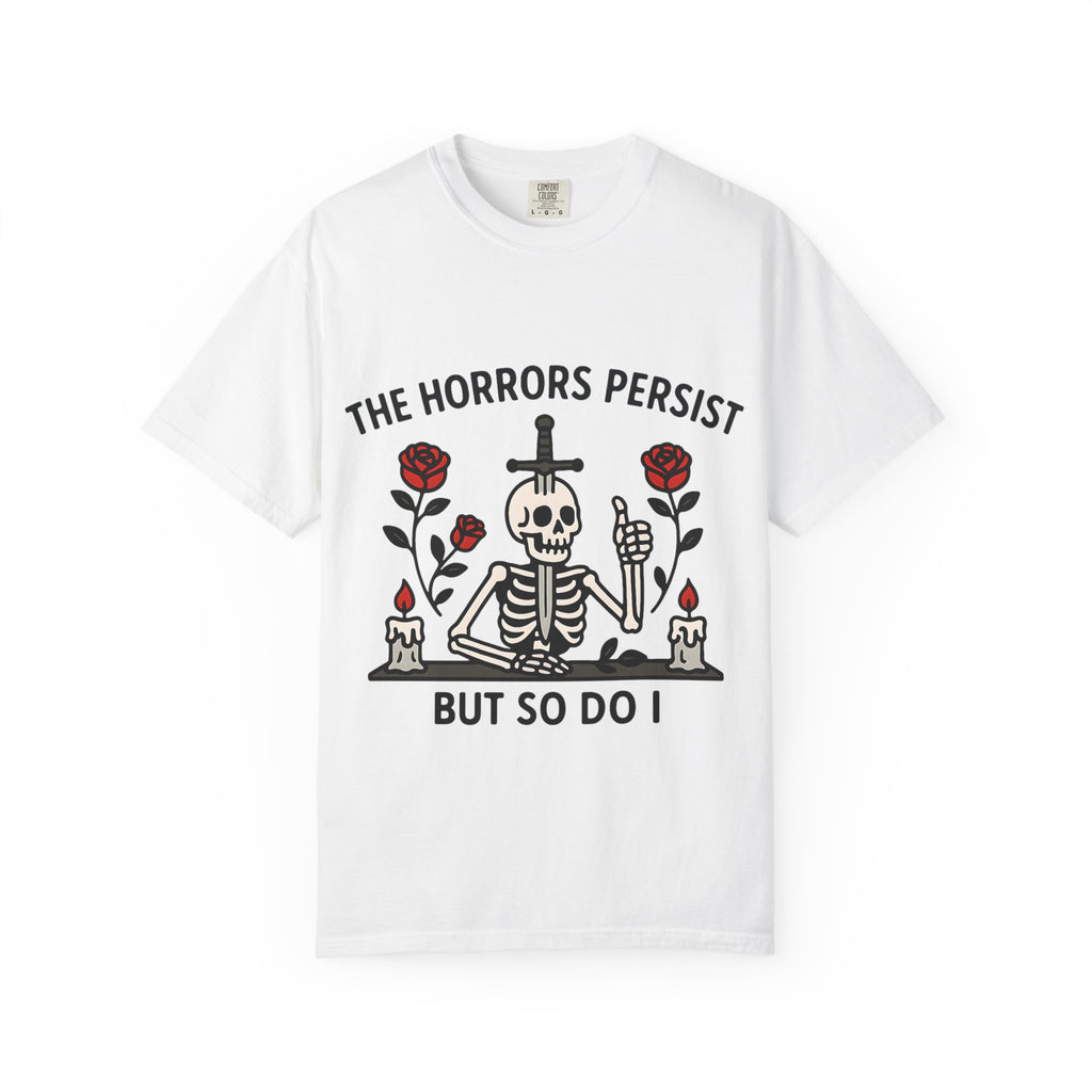 White heavyweight cotton t-shirt with red roses and skeleton illustration.
