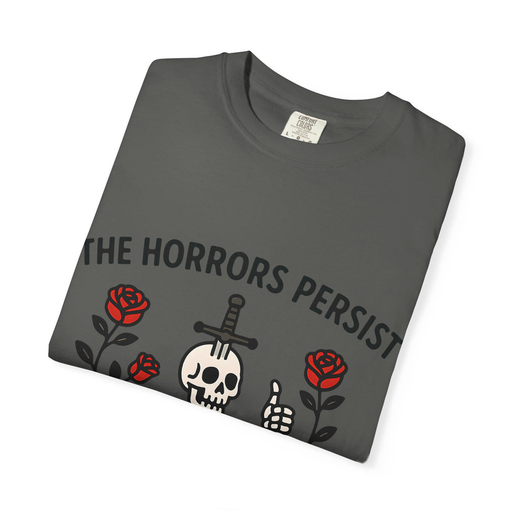 Folded grey Comfort Colors shirt showing detail of skeleton and rose graphic.