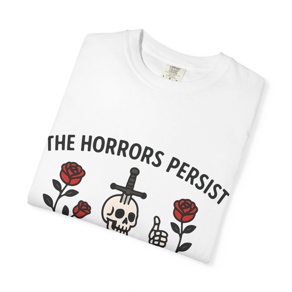 Folded white Comfort Colors shirt showing detail of skeleton and rose graphic.