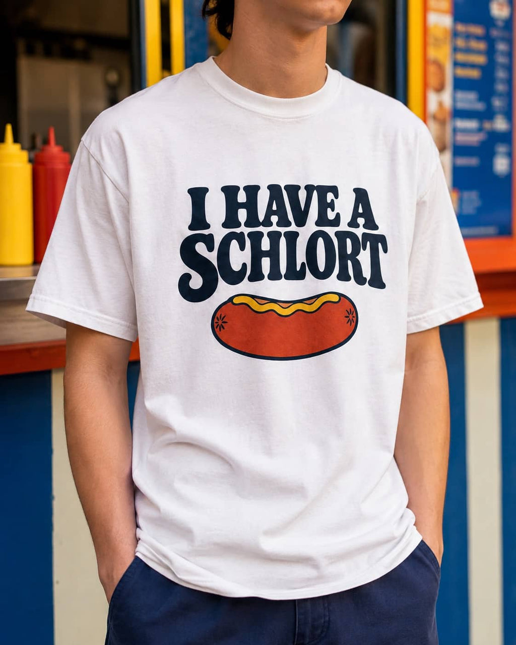 A person wearing a white graphic t-shirt with the text 'I HAVE A SCHLORT' and a hot dog illustration, standing in front of a food stall.