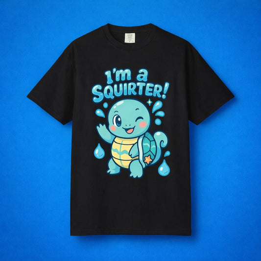 Featured product shot of "I'm a Squirter" black tee on a vibrant blue background.