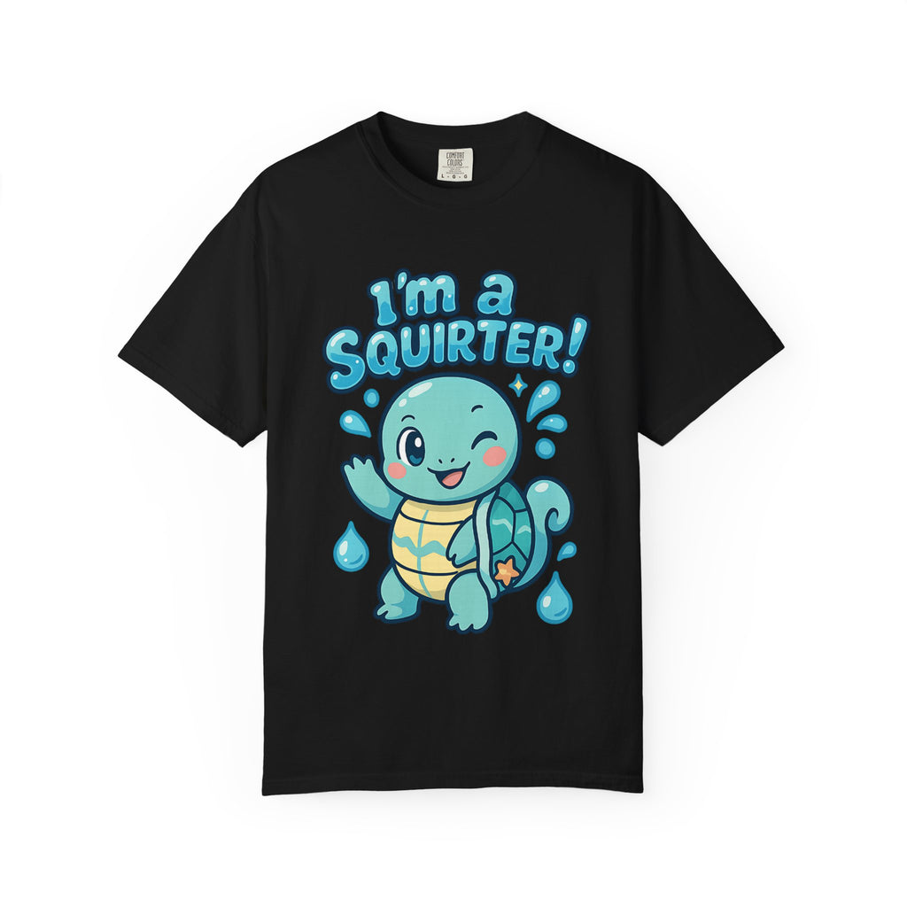 Black graphic tee with blue "I'm a Squirter" typography and cute animal character.