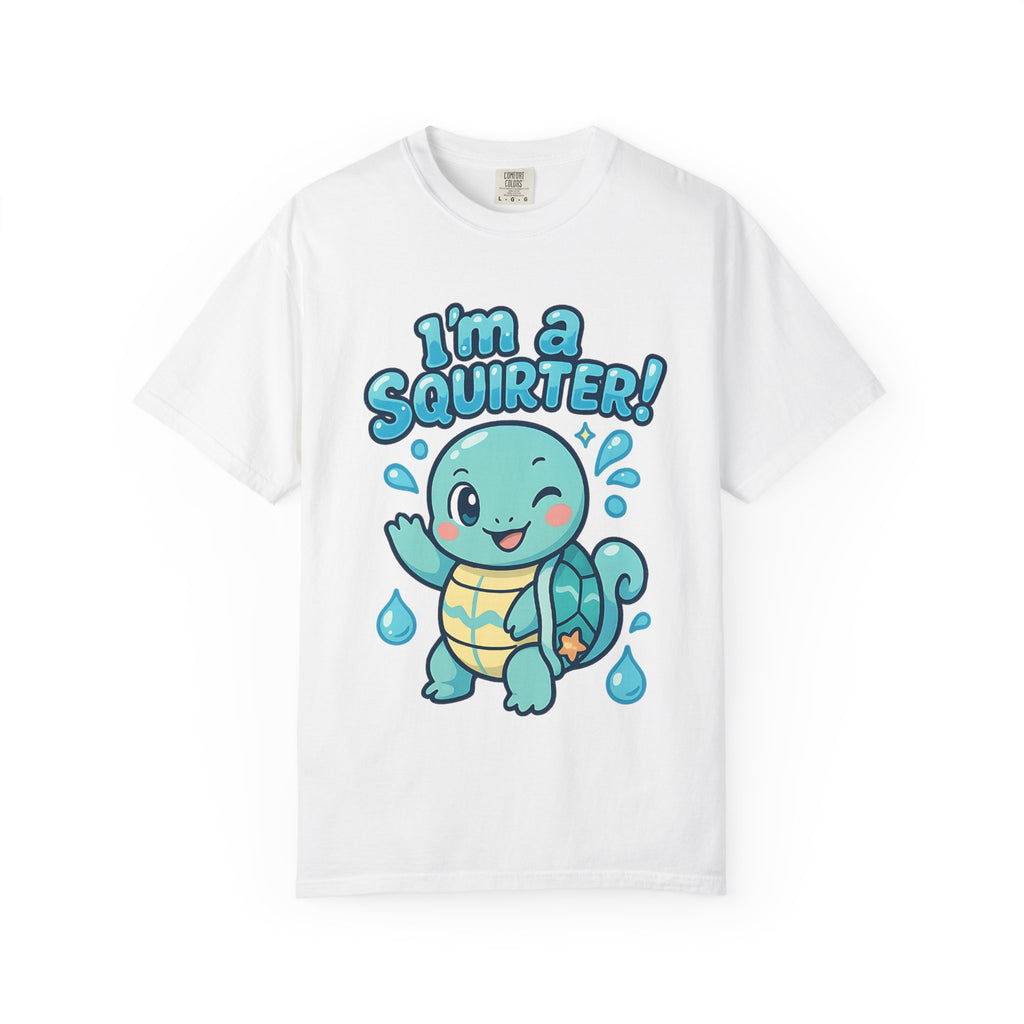 Flat lay of white t-shirt with blue cartoon turtle and suggestive text design.