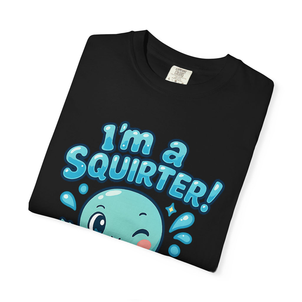 Neatly folded black t-shirt with funny suggestive animal cartoon design.
