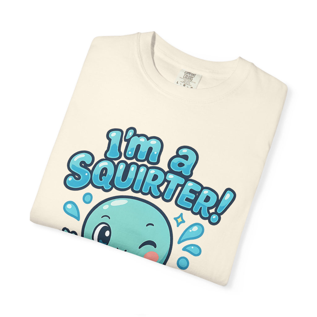Folded Comfort Colors t-shirt in cream featuring cute water turtle "I'm a Squirter" graphic.