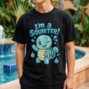 Man wearing black "I'm a Squirter" funny turtle meme t-shirt outdoors near a pool.
