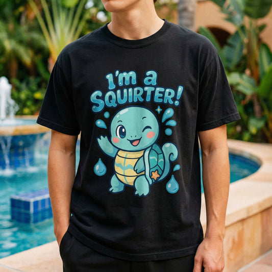 Featured product shot of "I'm a Squirter" black tee on a vibrant blue background.
