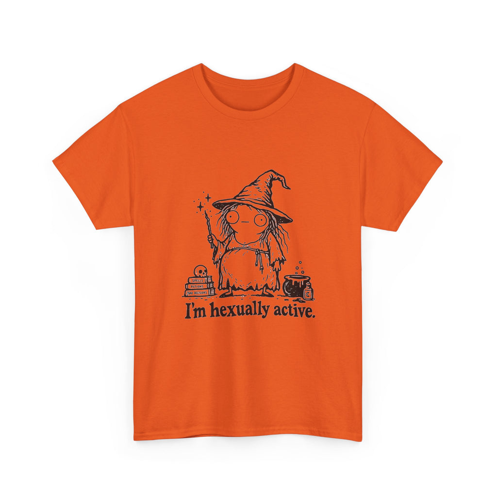An orange short-sleeve crewneck t-shirt featuring a black graphic of a wizard character and the text 'I'm hexually active.' printed on the front, displayed against a solid white background.
