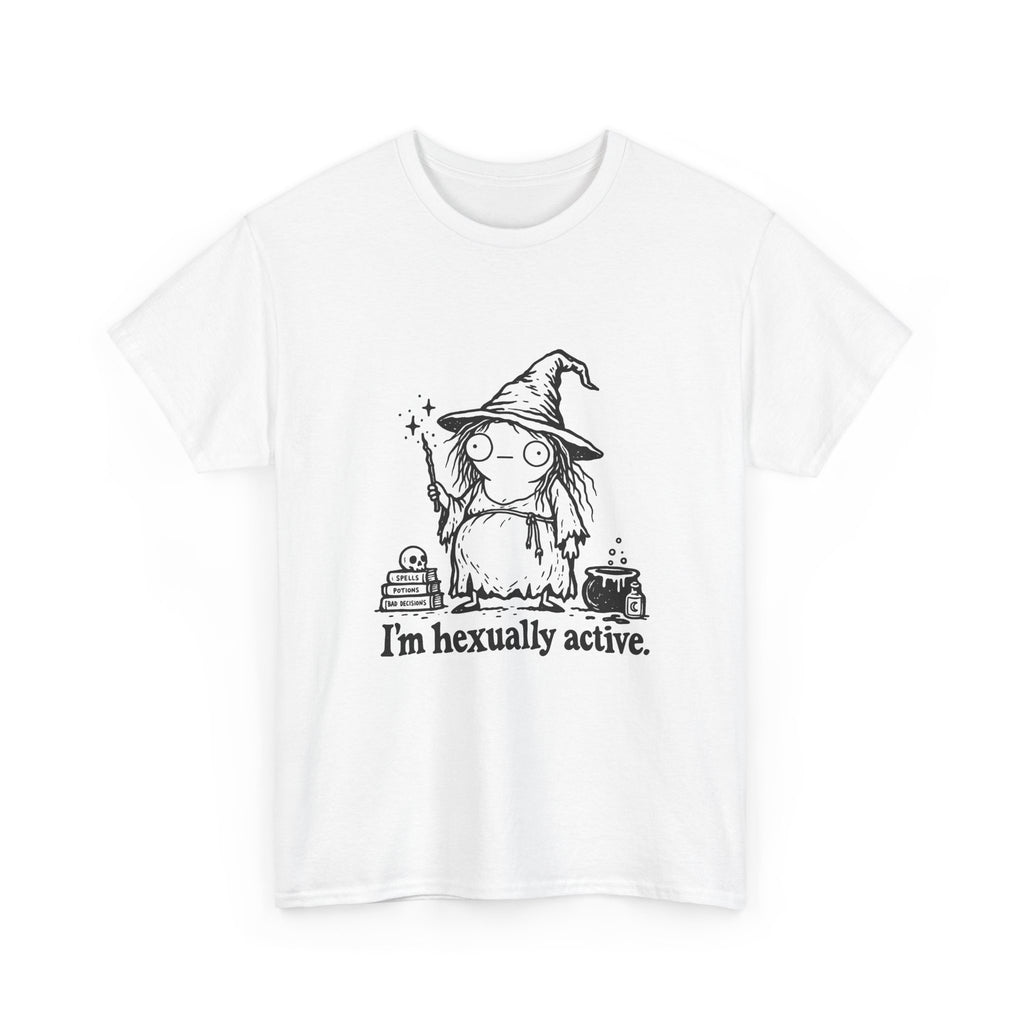 A white short-sleeve crewneck t-shirt featuring a black line art graphic of a cute wizard character with the text 'I'm sexually active.' printed below.