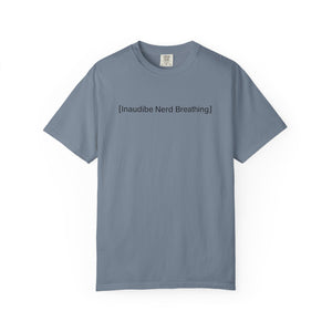 Blue-grey T-shirt displayed flat featuring the [Inaudible Nerd Breathing] meme design