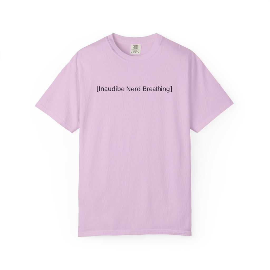 Light purple T-shirt displayed flat featuring the [Inaudible Nerd Breathing] meme design