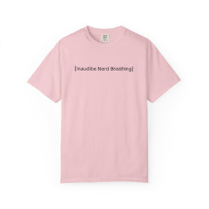 Light pink T-shirt displayed flat featuring the [Inaudible Nerd Breathing] meme design