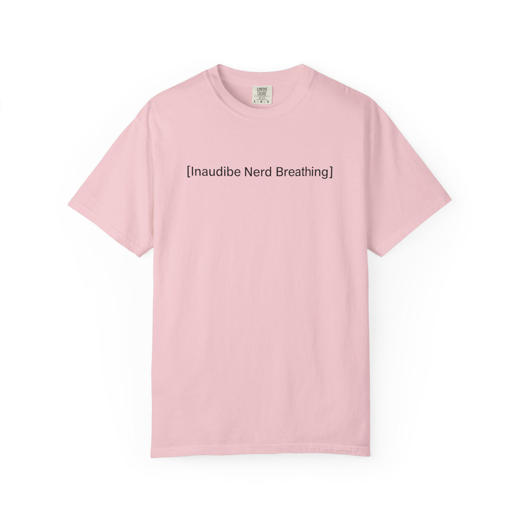 Light pink T-shirt displayed flat featuring the [Inaudible Nerd Breathing] meme design