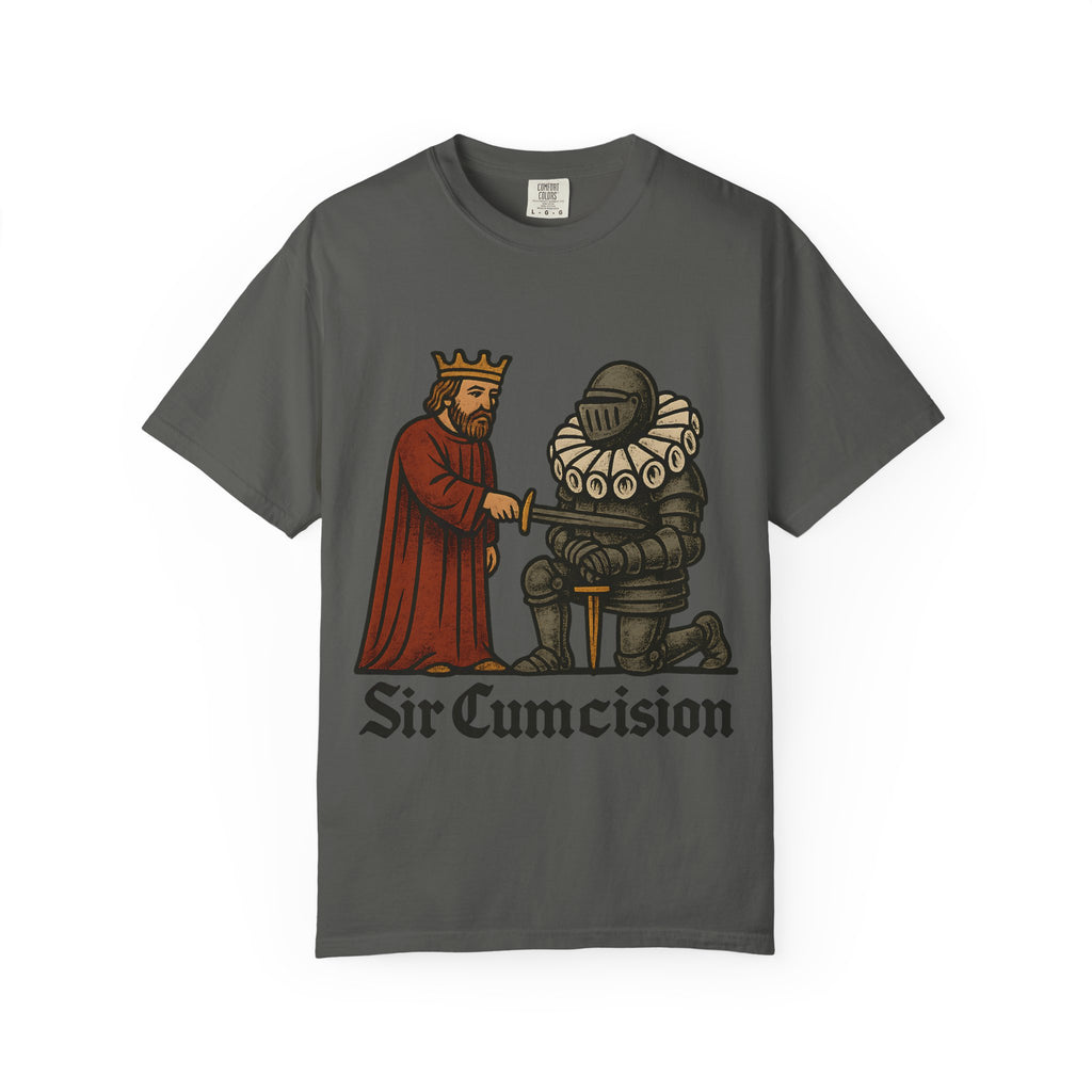 Dark grey vintage wash t-shirt featuring a knight and king woodcut illustration.