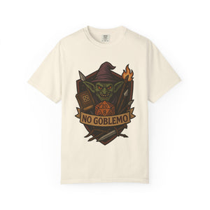 Flat lay of ivory cotton t-shirt featuring retro fantasy goblin and D20 dice illustration
