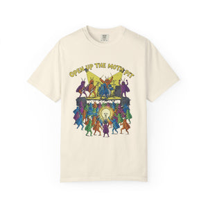 An ivory or off-white cream-colored t-shirt showcasing the "Open Up The Moth Pit" design in high-detail against a white background.