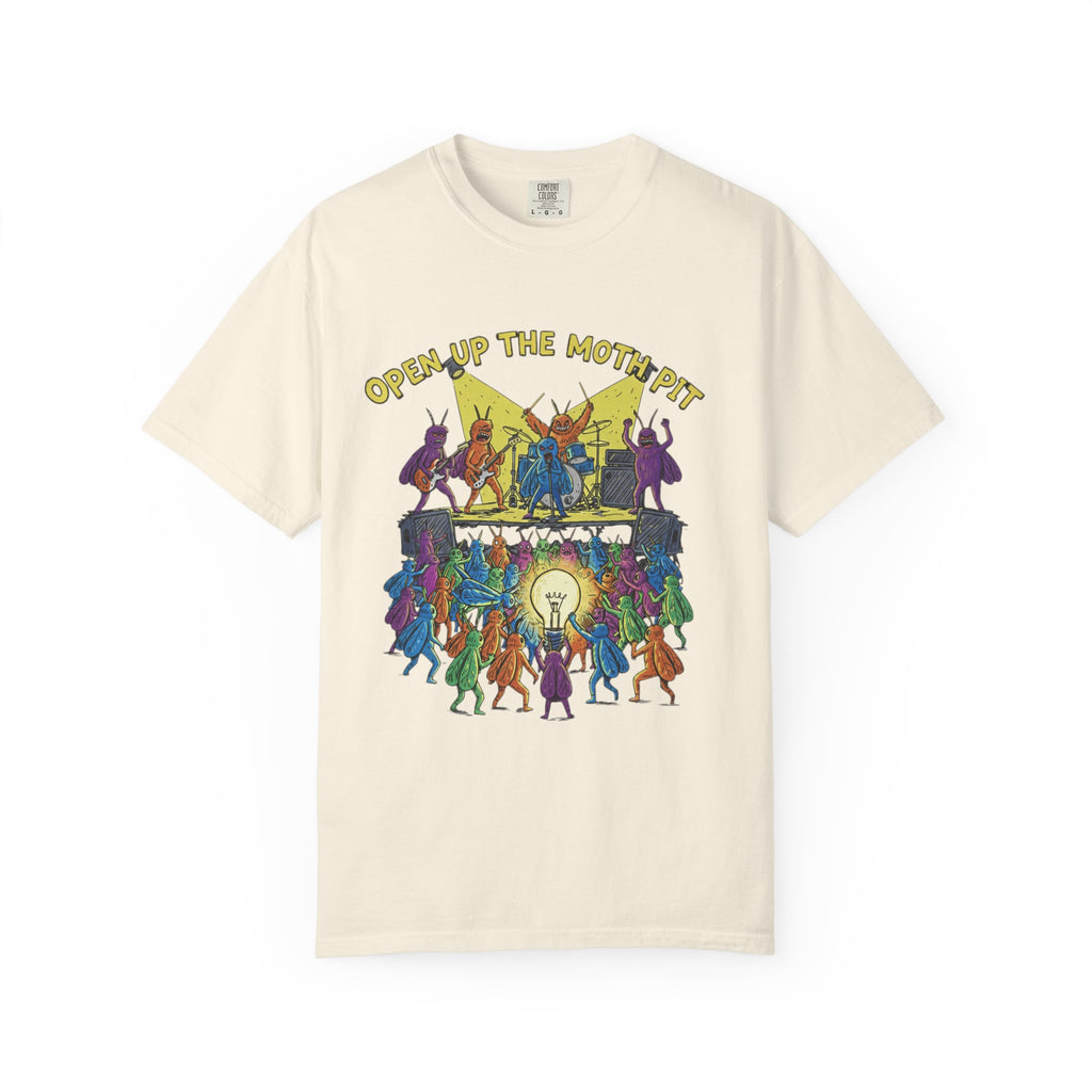 An ivory or off-white cream-colored t-shirt showcasing the "Open Up The Moth Pit" design in high-detail against a white background.