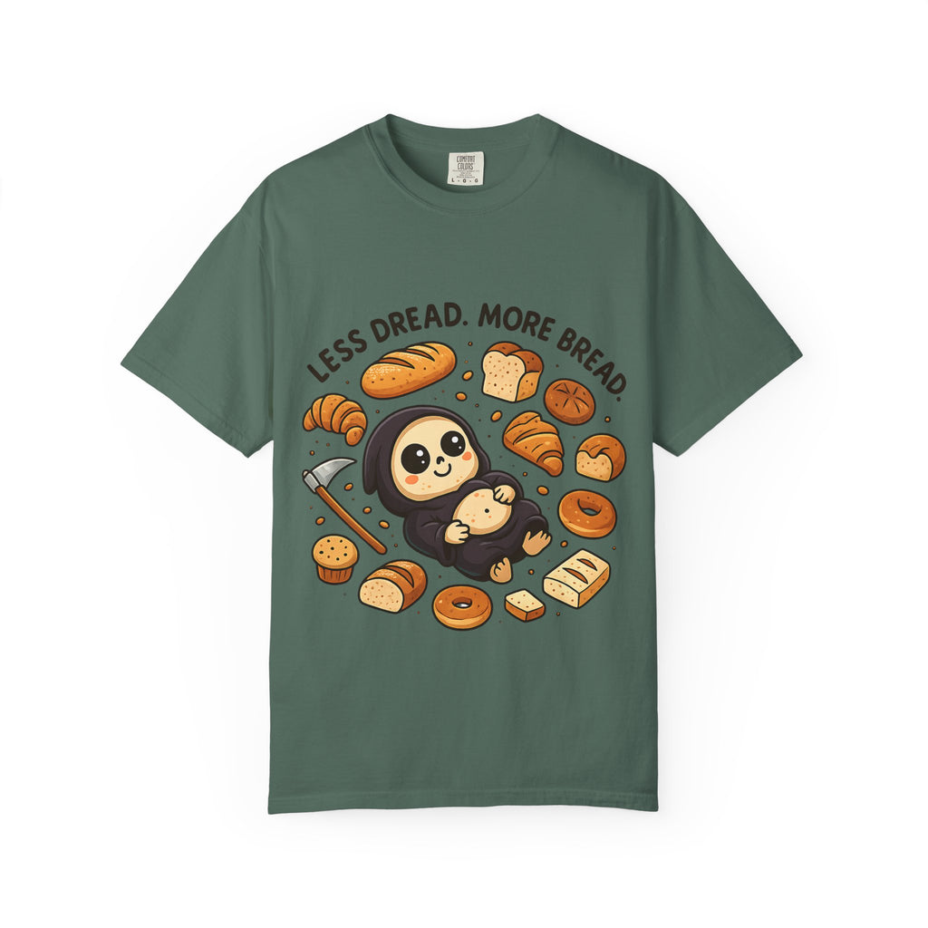 Dark green vintage wash tee with cute grim reaper and pastry illustration.