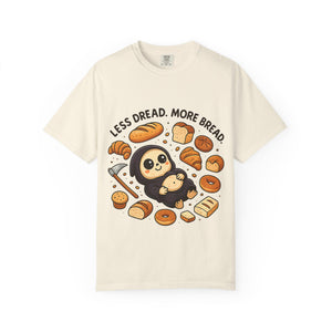 Ivory green Comfort Colors shirt with funny bread eating reaper graphic.
