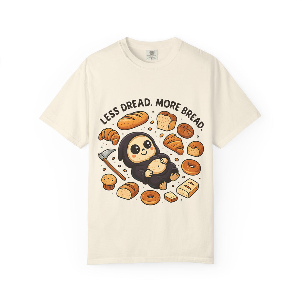 Ivory green Comfort Colors shirt with funny bread eating reaper graphic.