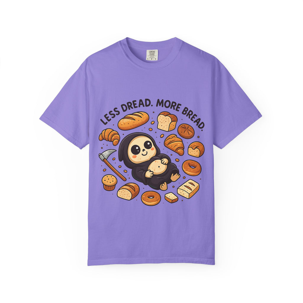 Lavender purple t-shirt flat lay with Less Dread More Bread kawaii design.