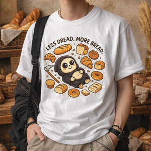 Male model wearing white Less Dread More Bread t-shirt standing in a bakery setting.