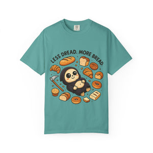 Teal green Comfort Colors shirt with funny bread eating reaper graphic.
