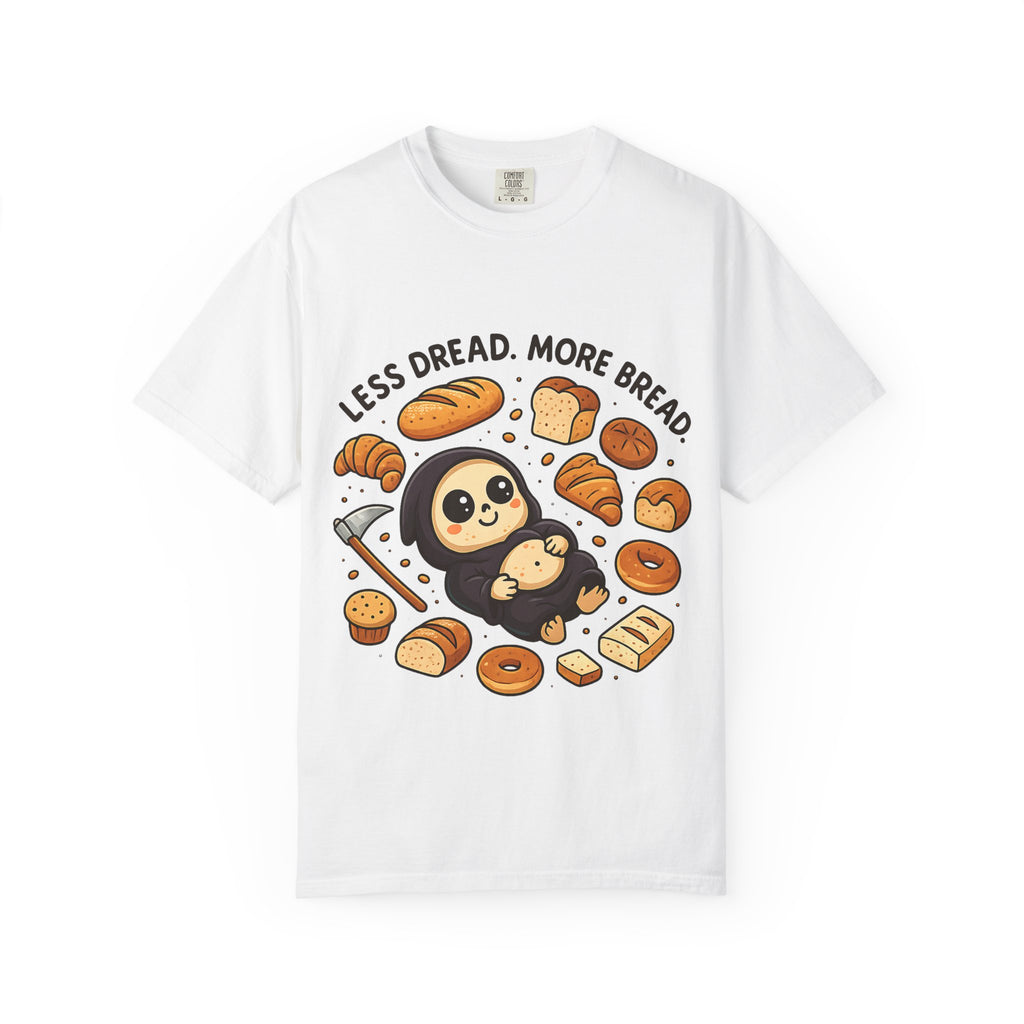 White green Comfort Colors shirt with funny bread eating reaper graphic.