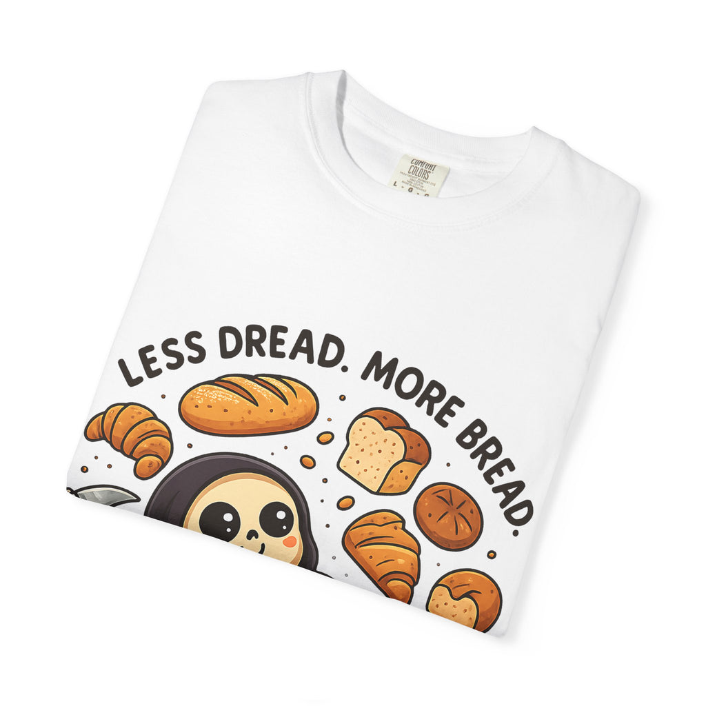 Folded white Comfort Colors t-shirt featuring cute Grim Reaper surrounded by bread.