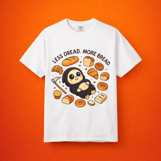 White graphic t-shirt flat lay on orange background featuring cute reaper art.