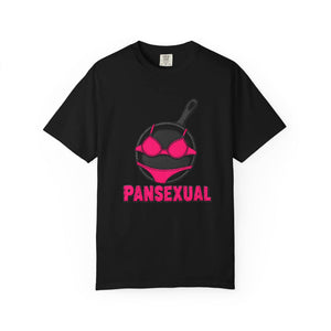 Flat lay of the black Literal Pansexual t-shirt showing a skillet in pink lingerie.
