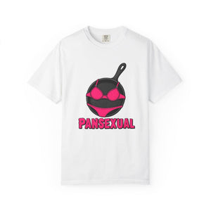 Flat lay of the white Literal Pansexual t-shirt featuring a cast iron pan in pink underwear.