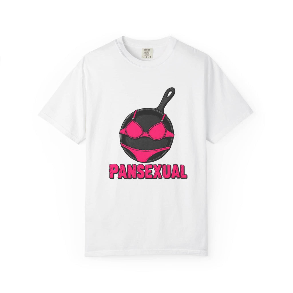 Flat lay of the white Literal Pansexual t-shirt featuring a cast iron pan in pink underwear.