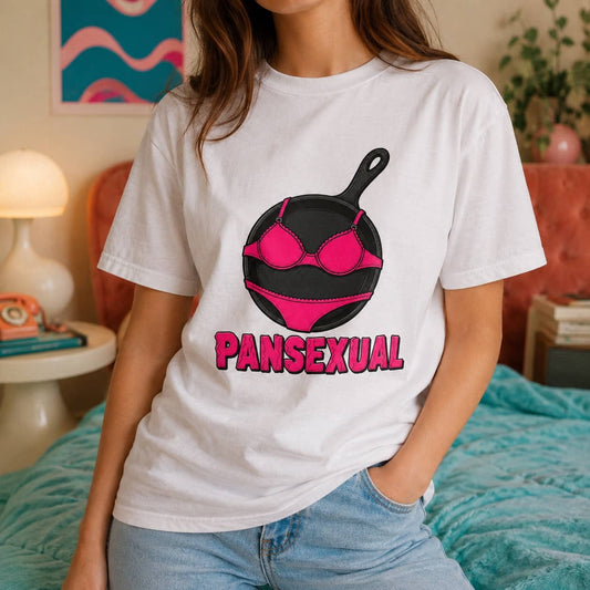 White Literal Pansexual t-shirt displayed flat against a bright cyan blue background.