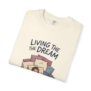 Neatly folded ivory-colored Comfort Colors t-shirt featuring a close-up of the collar and top portion of the cozy meme graphic.