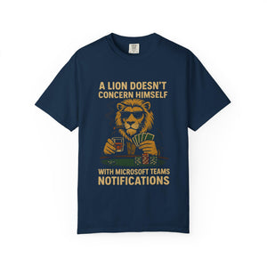 Navy Blue t-shirt featuring lion gambling graphic and Microsoft Teams joke