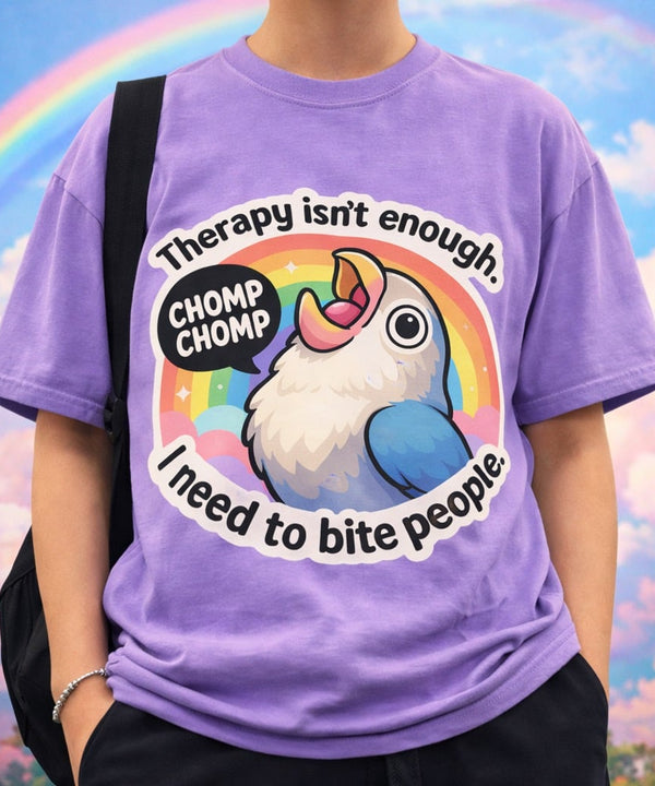 Person wearing an oversized purple t-shirt with a funny screaming bird design against a cloudy rainbow background.