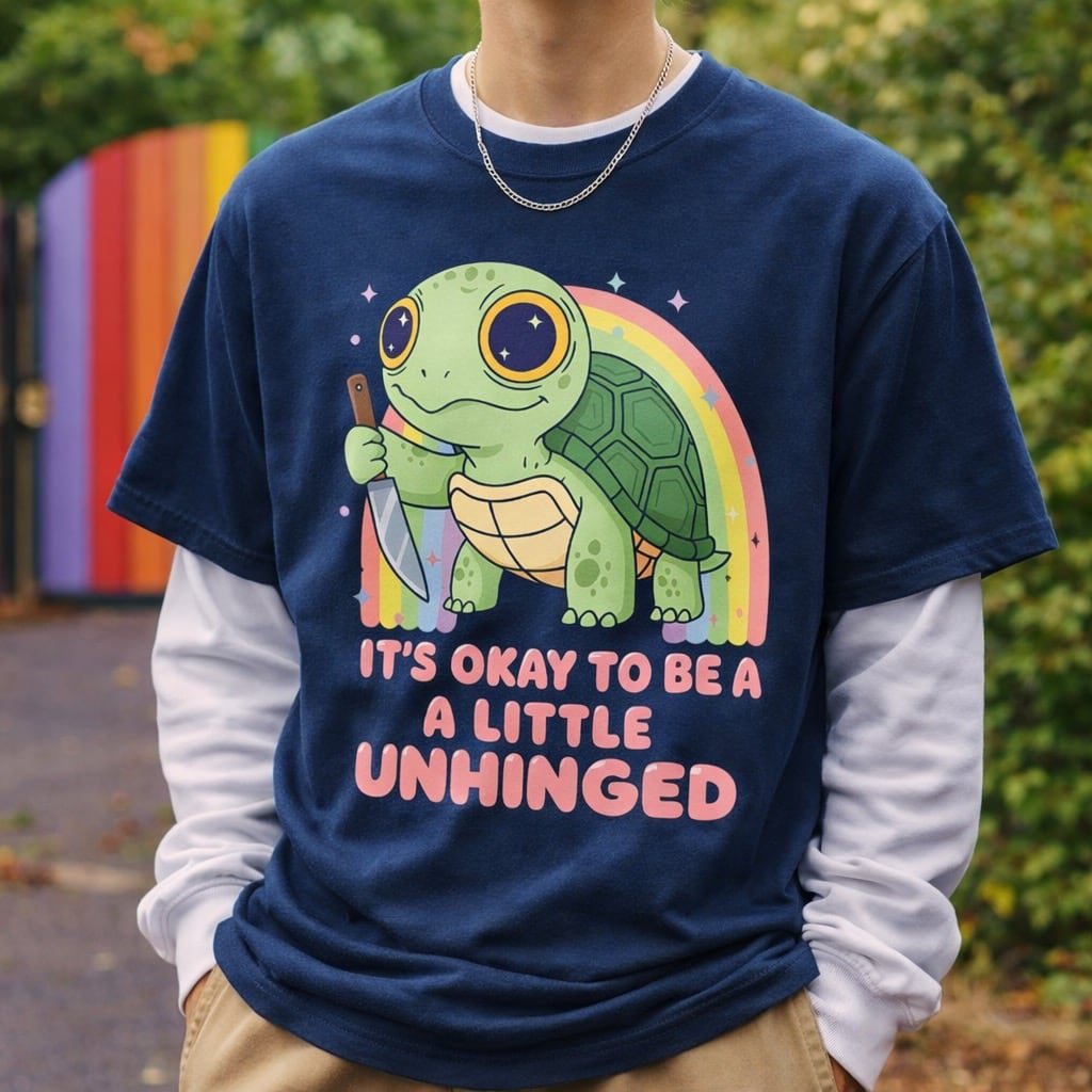 Model wearing a Navy Blue "It's Okay To Be A Little Unhinged" t-shirt layered over a white long sleeve.